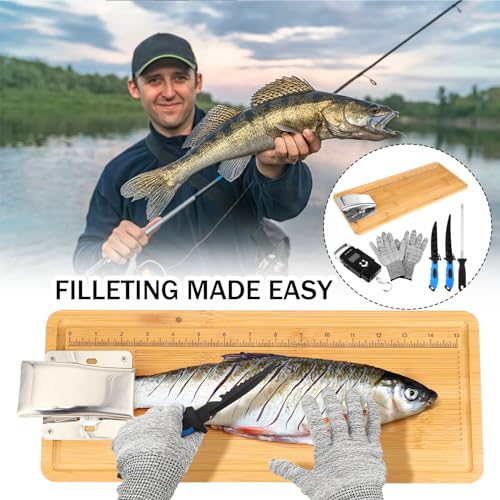 6 Pcs Fish Cleaning Kit Include Cutting Board Fish Fillet Boards with Clamp 2 Knife Cut Resistant Gloves Scale with Built in Measuring Tape Sharpening Rod (Classic) - style: Classic