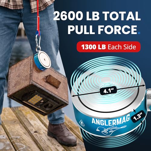 AnglerMag Magnet Fishing Kit - 2600 lbs Double Sided Neodymium Magnetic Fishing Stuff with Rope - 10 PCS Extra Strong Complete Gift Set with eBook, Carabiner, Gloves, Grappling Hook & Carrying Bag - size: 2600 LB