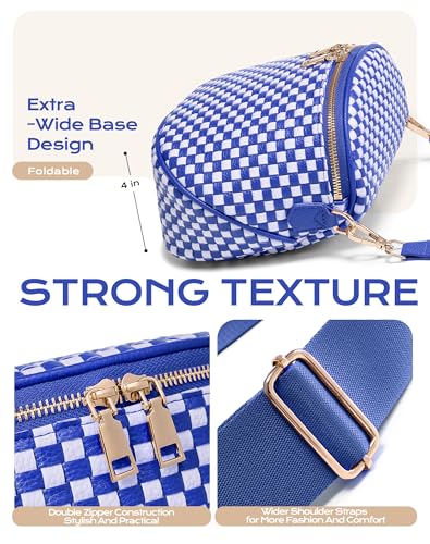 Trendy Woven Checkered Crossbody Bum Bag for Women，PU Leather Checkered Purse Fanny Packs Belt Bag (Woven Bum Bag - Rainbow Blue White) - color: Woven Bum Bag - Rainbow Blue White