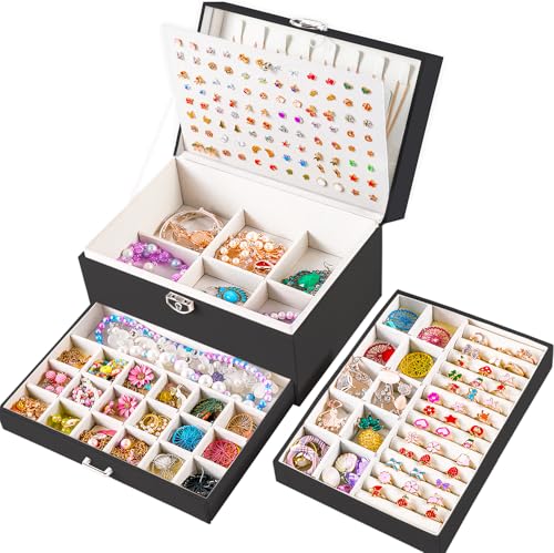 QBestry Earring Jewelry Box for Women Girls Stud Organizer, 5 Layers Black Jewelry Organizer Box With Lock Necklaces and Earrings Holder Jewelry Box with Earring Organizxer for Women Girls Xmas Gifts - color: Black, size: Large