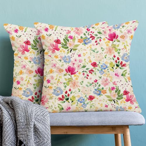 Spring Pillow Covers 16x16 Set of 2,Spring Colorful Flowers Throw Pillows Farmhouse Watercolor Floral Decorative Cushion Case Decorations for Home Couch Sofa Outdoor - color: Floral-b, size: 16" x 16" (Pack of 1)