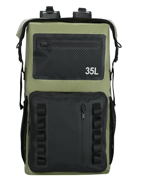 100% Waterproof Roll-Top Dry Bag Backpack with Front Splash-Proof Pocket, Lightweight Floating Pack for Kayaking, Hiking & Travel,35L (Green-black) - color: Green-black