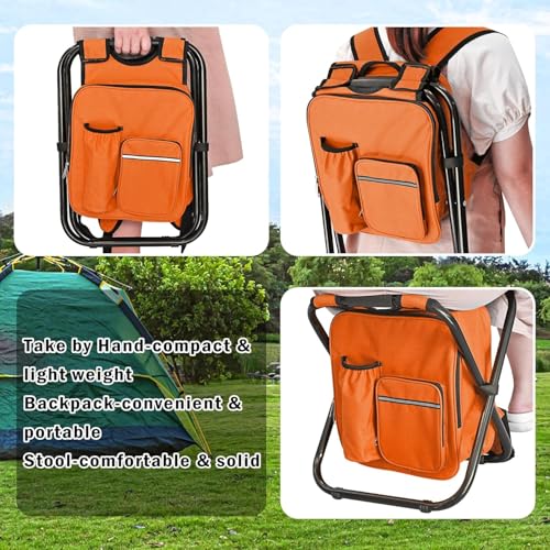 Kikerike Backpack Stool Cooler Chair Heavy Duty 300 LBS Max Load Portable Lightweight Stool Backpack Folding Fishing Cooler Seat for Camping Hunting Fishing - Orange - color: Orange