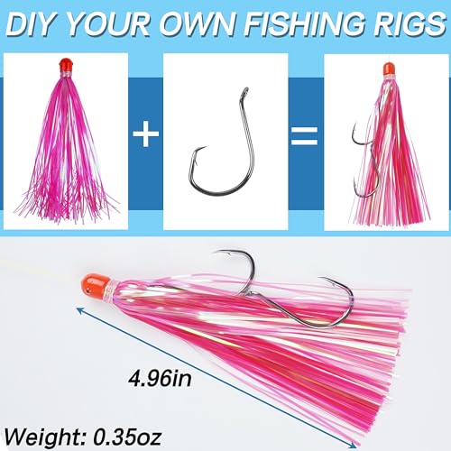 Mylar Skirt Trolling Lures 5.2in Fishing Mylar Skirts Trolling Teasers 3/8 oz Weighted Bullet Head Skirted Trolling Lures with Through-Hole for Mahi Tuna Wahoo Offshore Fishing - color: White_8pcs