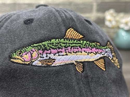 Fishing Baseball Cap for Men Women, Adjustable Embroidered Hat | Fishing Gear, Outdoor Adventure Design, Precision Embroidery Craft, One Size Adjustable Fit - color: Rainbow Trout (Washed Black)