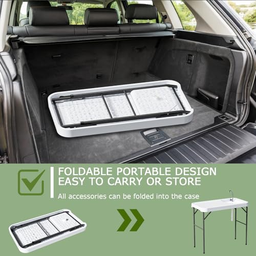 Folding Fish Cleaning Table with Sink, Portable Camping Sink Table with Measure Mark, Drainage Hose and Knife Groove, Outdoor Fish Fillet Cleaning Station for Picnic Fishing, White