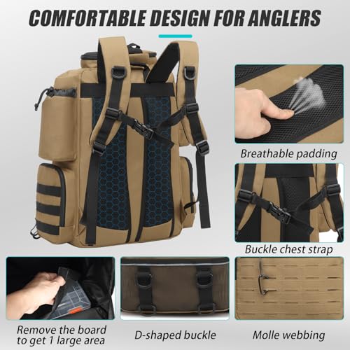 Tactical Fishing Backpack with Tackle Boxes, Rod Holders & Bottle Holder, 50 L Large Insulated Fishing Tackle Box Backpack with Cooler, Fishing Bag Store Gear & Equipment, 900 D Oxford, Brown - color: Brown