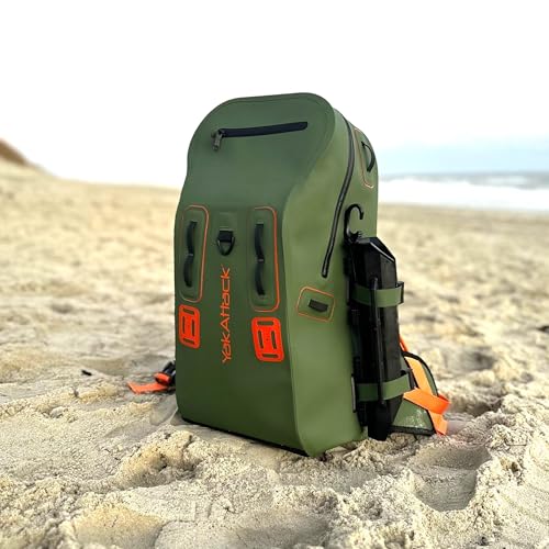 YakAttack 28L DryPak Waterproof Backpack with 2 Attachable Fishing Rod Holders – Green/Orange | Floating Marine Dry Bag Pack with Padded Straps | Lightweight Hiking & Kayaking Gear & Storage Drybag - color: Green/Orange, style: Drypak With Tether Tubes