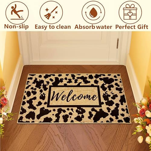 Welcome Doormat Outdoor Indoor Cow Print Door Mat Western Mat for Entrance Front Back Door Aesthetic Carpet for Hallway Farmhouse Non-Slip Inside Outside Doormats Modern Black Dot Entryway Mat - color: Cow Print