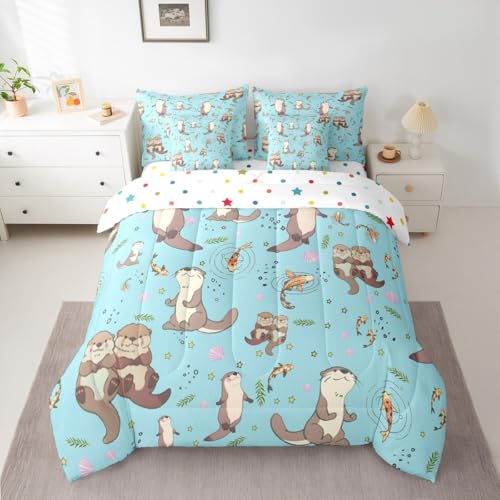 Erosebridal Cartoon Comforter Set with Sheets Queen Size Sea Otters 7-Piece Bedding Set for Kids Boys Girls Leaf Lap Otter Kawaii Cute Starry Rustic Beige Blue Lightweight Bed in A Bag - color: Beige Blue, size: Queen