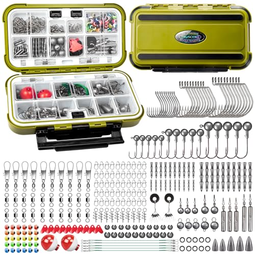TRUSCEND Complete Fishing Accessories - Tackle Box with Tackle Included, Fishing Hooks, Jig Heads, Sinkers, Weights, Swivels, Snaps, Bobbers, Leaders - Fishing Gear Set for Bass Trout Panfish Walleye - color: ‎A-255pcs Giftable Kit
