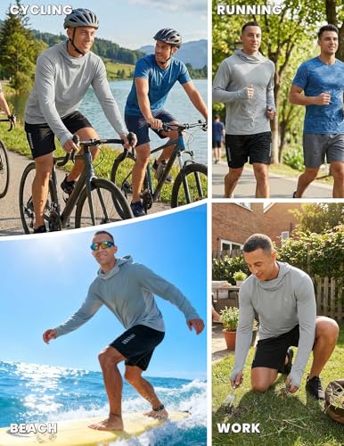 PINSPARK UPF 50+ Sun Protection Hoodie Men with Mask Quick Dry Long Sleeve Fishing Hiking Shirts UV Rash Guard Lightweight - color: Light Grey, size: Large