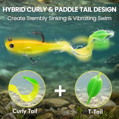 TRUSCEND Duramax TPE Soft Fishing Lures with BKK Hooks, Easy Catch Curly & T-Tail for Trembly Sinking & Vibrating Swim, UV or Glow Effect for All Conditions, Pre-rigged Swimbait for Bass Trout Crappie - color: A2-3.5"-3/8oz