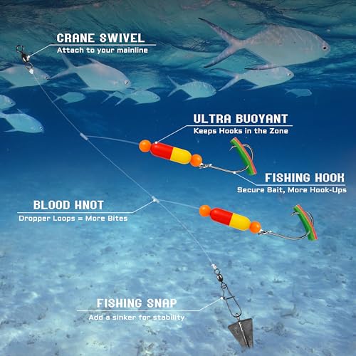 Pompano Rig Saltwater Surf Fishing Rigs – Double Drop Leader Rigs with Hooks, Floats, Beads & Snap – Easy Pre-Tied Terminal Tackle for Pompano, Whiting, Redfish - color: Assorted Colors–A, size: 6 Pack