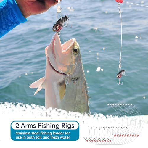 30 Pcs Fishing Leaders Saltwater Tackle Rig with Swivels Snap Stainless Steel Hooks Nylon Lines High Strength Fishing Wire Gear Equipment for Saltwater - size: 26.8 Inch, style: 2 Arm