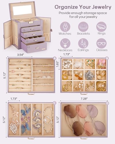 Homde Synthetic Leather Huge Jewelry Box Mirrored Watch Organizer Necklace Ring Earring Storage Lockable Gift Case (Grey Purple + Gold) - color: Grey Purple + Gold