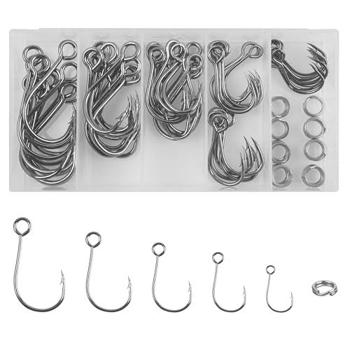 Fishing Inline Single Hooks kit Replacement Fishing Hooks for Lures Plugs Baits Inline Circle Hooks Baits Inline Circle Hooks with Barbed Large Eye Saltwater Freshwater - style: 50pcs+20 Rings