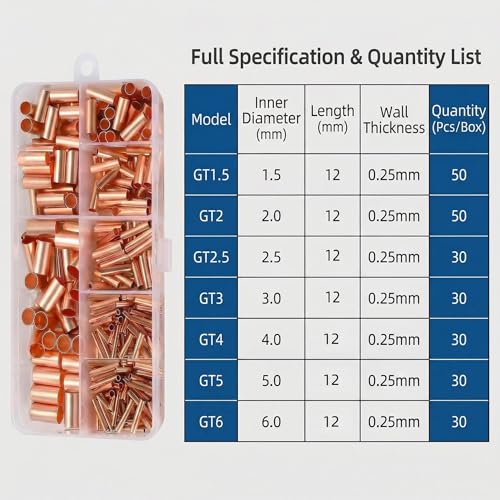 250pcs Wire Terminal connectors 7Size Electrical Butt Connector Copper Tube Connector Kits with Heat Shrink Tubing Wire Ferrules Kits