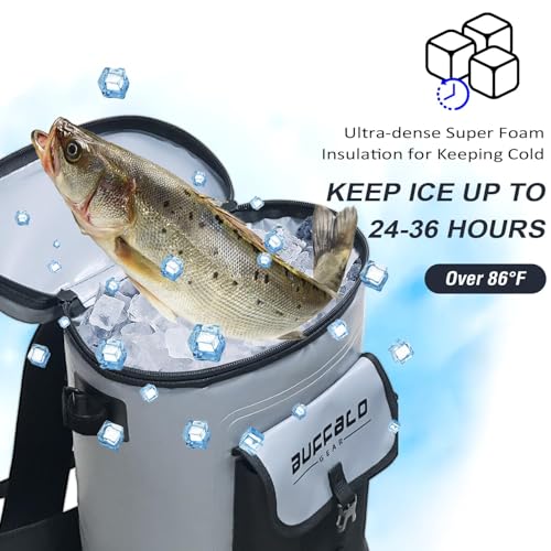 Buffalo Gear Fish Cooler Backpack 32Qt Waterproof Fishing Backpack Cooler Portable Fish Bag, Keep Ice Cold More Than 24 Hours - color: Grey-22qt