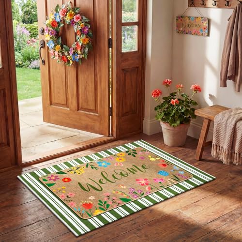 Tinideya 2 Pcs Summer Floral Door Mat Outdoor Wildflower Welcome Doormat for Front Door Linen Rubber Layered Flower Stripes Doormat Non Slip Summer Rugs for Porch Entryway Outside Floor Decor - size: 16 x 28 Inch,24 x 35 Inch, style: Welcome