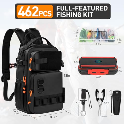 THKFISH Fishing Tool Kit, Backpack and Tackle Box with Tackle Included Lures Hooks Sinkers Accessories Kit,Pliers, Fish Lip Gripper, Fishing Gear and Fishing Gift for Men - color: Black-462pcs