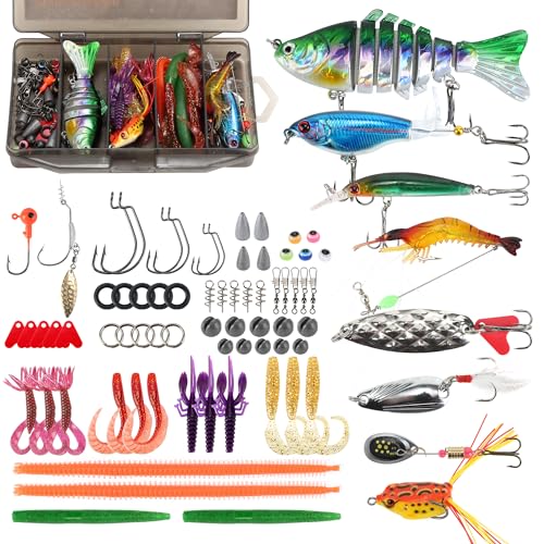 SMMYMGF Fishing Lures Tackle Box Kit,Saltwater Freshwater Fishing Gear and Equipment,Including Bionic Swimbait,Top Water baits,Soft Plastic Baits, Accessories etc for Bass,Trout, Salmon. - color: 77pcs Fishing Tackle Box