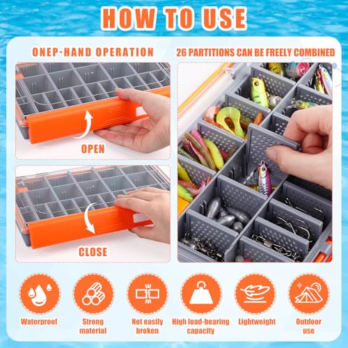 Junkin 6 Pack 3700 Fishing Tackle Boxes Waterproof, Large Orange Lure Organizer Trays with Custom Dividers, Airtight Tackle Storage Case for Saltwater Baits, Swimbaits & Boat Bag Accessories - color: Orange, size: 3700