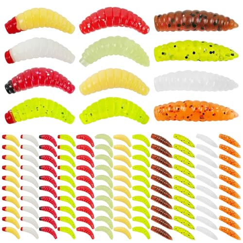 120Pcs Fake Maggots Bass Fishing Worms Lures Soft Plastic Fake Worms Ice Lure Fishing Baits for Bluegill Crappie Walleye Perch