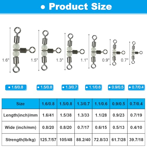 PATIKIL 3 Way Swivel Cross Line T Turn Rolling Tackle with Luminous Beads for Catfish Surf Rig - size: 1.1x0.6 Inch