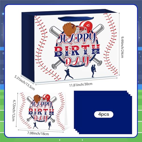 Hooqict Baseball Gift Bag Baseball Birthday Party Gift Wrap Bag with Handles, Tissue Paper, Greeting Card for Kids Boys Men Sport Themed Birthday Party Favors Supplies - color: Baseball