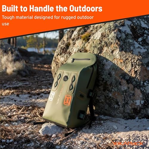YakAttack 28L DryPak Waterproof Backpack - Green/Orange | Floating Marine Dry Bag Pack with Padded Straps for Kayaking, Fishing & Hiking | 10" x 22" x 12" | Lightweight Outdoor Gear & Storage Drybag - color: Green/Orange, style: Drypak