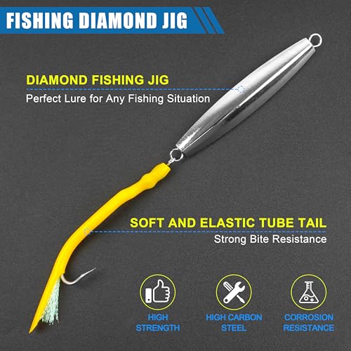 Saltwater Fishing Diamond Jig, 1pcs Casting Jigging Spoon Surf Fishing Trolling Lure Metal Jig with Tube Tail for Striper Bluefish Tuna Salmon 1oz 2oz 3oz 4oz - color: Yellow, size: 3oz