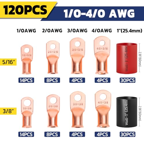 haisstronica 120PCS Battery Cable Ends Kit,60PCS AWG 0 00 000 0000 Heavy Duty Copper Wire Lugs Ring Terminals,Battery Cable Lugs Eyelets Terminal Connectors with 60PCS 3:1 Heat Shrink Tubing - color: Bare Copper, size: 120 PCS
