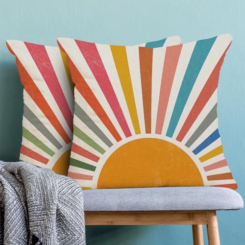 Summer Pillow Covers 16x16 Inch Set of 2 Boho Rainbow Sunshine Outdoor Outdoor Decorative Throw Pillows Seasonal Colorful Stripes Sun Pillowcases Linen Cushion Covers for Bed Sofa Couch - color: Rainbow Sun-3, size: 16" x 16" (Pack of 2)