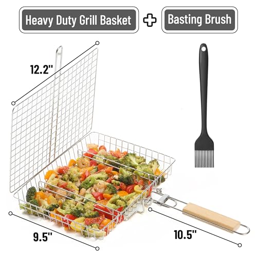 UNCO- BBQ Grill Basket, Folding Portable Stainless Steel BBQ Grill Basket with with Removable Wooden Handle & Basting Brush for Vegetables, Shrimp, Fish, Locking Grilling Basket for Outdoor, Camping - color: Wood Color Handle