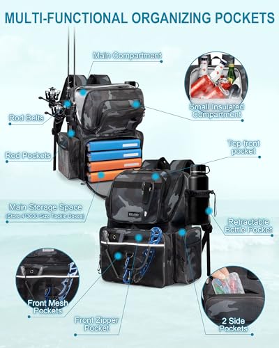 HXLGMD Fishing Backpack with Rod Holders,43L Large Water Resistant Tackle Bag Storage Gear and Equipment with Cooler for Men Fishing, Camping, Hiking, Khaki - color: Khaki Camo