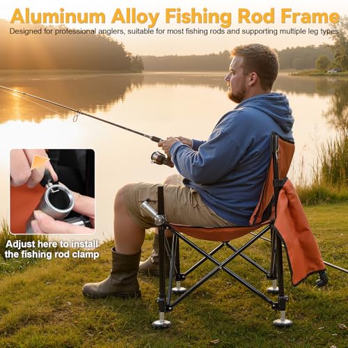 Heavy Duty Folding Fishing Chair 220LBS Load Capacity, Portable Compact Camping Chair with 1 Detachable Rod Holders, Adjustable Legs, Storage Bags & Non-Slip Feet for Outdoor Fishing Beach - color: Orange