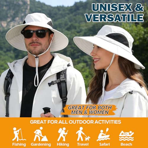 Wide Brim Sun Bucket Hat, Waterproof Boonie Hat for Men & Women | UPF 50+ UV Protection, Adjustable Fit, Chin Strap & Sweatband, Foldable Durable for Fishing Hiking Garden Beach - color: 01 Ivory