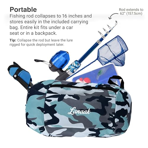 Lanaak Kids Fishing Pole, Kids Portable Telescopic Fishing Rod Set, Tackle Box and Fishing Net Combo Kit, Kids Fishing Gear for Boys and Girls Age 5-10 and Youth - color: Camo Blue, size: 1.5m or 4.9 FT