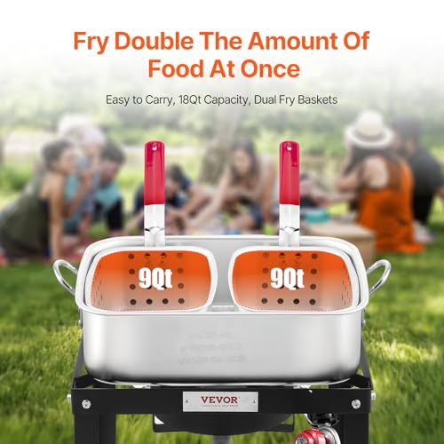 VEVOR 18 Qt Fish and Wing Fryer with Double Basket, Aluminum Propane Fish Fryer Kit, Outdoor Deep Fryer Seafood Pot with Thermometer and 58,000 BTUs Propane Burners, for Outdoor and Backyard Cooking - style: 18-qt