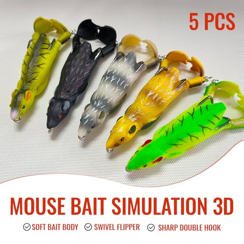 Mouse Rat Dunk Topwater Fishing Lures for bass Durable Lifelike Silicone Artificial Soft Bait, Trout Fishing Lures, Realistic Prop Swimbait Floating Bait with Weedless Hooks for Freshwater Saltwater