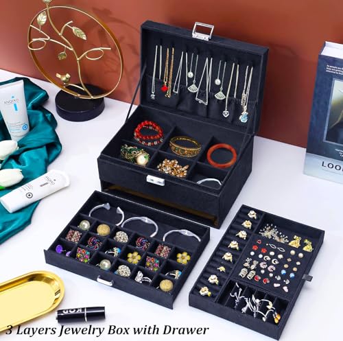 QBestry Jewelry Box for Women with Drawer, 3-Layer Large Jewelry Organizer with Lock & Key, 8 Necklace Hooks & 56 Earring Holes, Black Velvet Jewelry Storage Box for Necklaces Earrings Rings Bracelets - color: Black