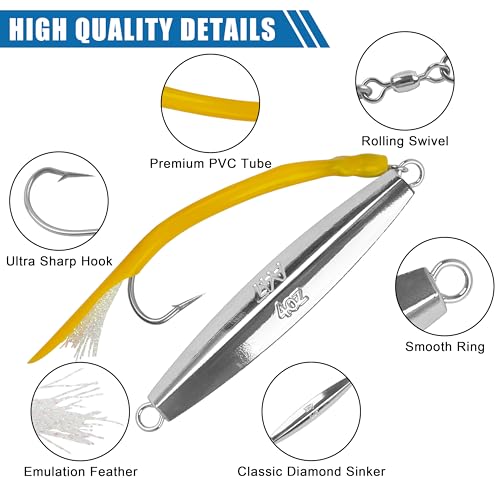 Saltwater Fishing Diamond Jig, 1pcs Casting Jigging Spoon Surf Fishing Trolling Lure Metal Jig with Tube Tail for Striper Bluefish Tuna Salmon 1oz 2oz 3oz 4oz - color: Yellow, size: 3oz