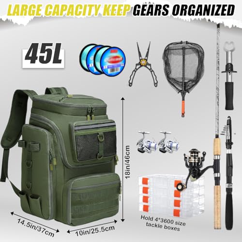 HAMBOLY Fishing Backpack 45L with Rod Holders, Water-Resistant Tackle Backpack for Fishermen, Large Capacity Fishing Gear Bag for Travel Hiking Camping - color: Army Green (4 Tackle Boxes Included)