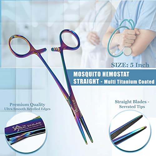 Mosquito Hemostat Locking Forceps 5" Straight with Full Serrated Jaws Ideal for Clamping, Fishing, Firefighters Nurses Doctors + More (Multi Color) - color: Multi Color