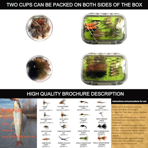 Fly Fishing Flies Assortment Kit, 42 Pieces of Dry, Wet, Nymphs, Streamers, Wooly Buggers, Terrestrials, for Trout Bass Salmon Steelhead, with Silicone Fly Box, Fly Fishermen Gift