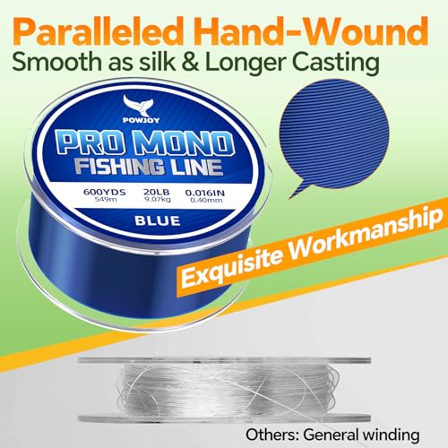 Monofilament Fishing Line with Knot Guide Card, Tangle-Free Snap Ring for No More Mess, Low Memory Smooth Casting Nylon Mono String, 15/20/30/50/80LB, 220-1050 Yards - color: Blue, size: 20LB 600Yards