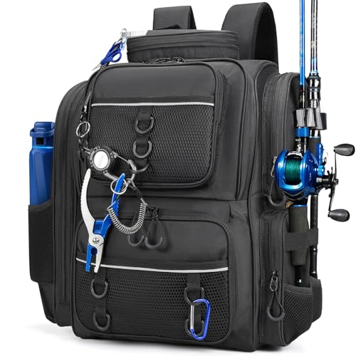 WANOON Waterproof Fishing Backpack with 2 Rod Holders, Fits Tackle Boxes | 42L Large Capacity Black Fishing Bag, Multiple Pockets for Organized Storage, Ideal for Outdoor Fishing - color: Black, size: 42L-Without Tackle Boxes