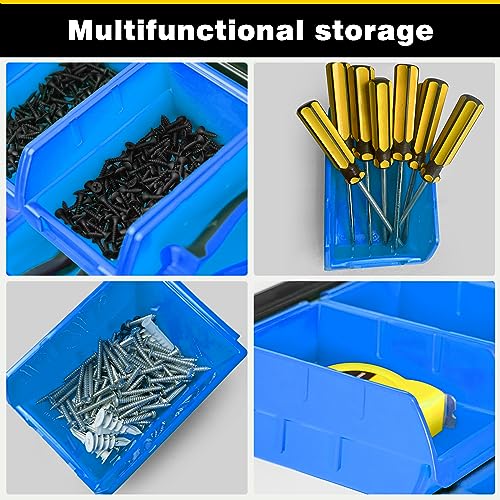 Ultrawall Wall Mounted Storage Bins, Plastic Hanging Storage Organizer Bins, Garage Tool Storage System for Screws, Nuts, Bolts, Nails, and Small Hardware Parts, 12x bins & 3 x rails, Blue - color: Blue