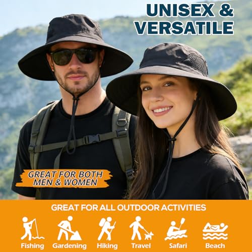 Wide Brim Sun Bucket Hat, Waterproof Boonie Hat for Men & Women | UPF 50+ UV Protection, Adjustable Fit, Chin Strap & Sweatband, Foldable Durable for Fishing Hiking Garden Beach - color: 01 Black